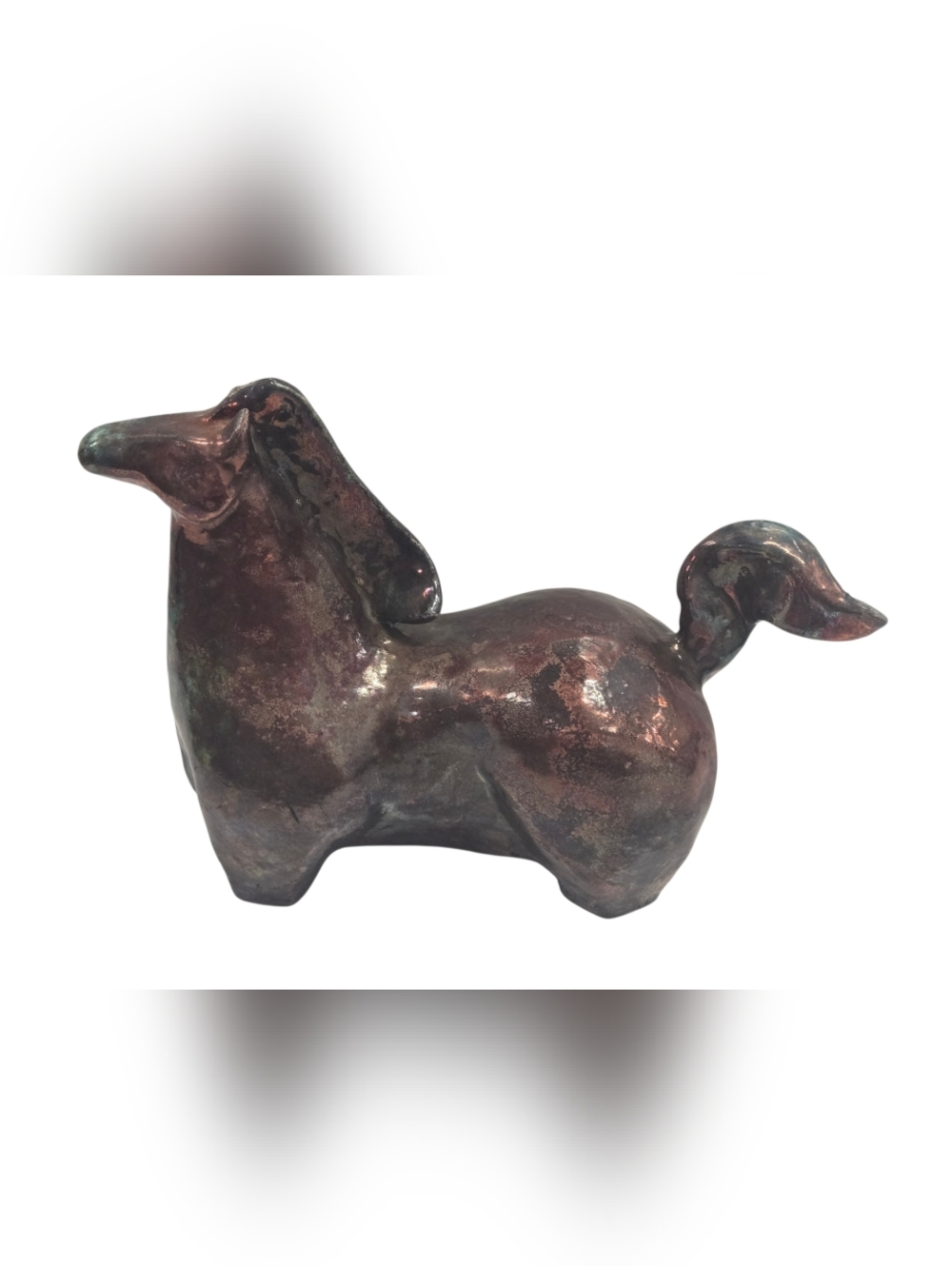 Stoneware horse rattle with a dark multi colored coat By Allison Greer